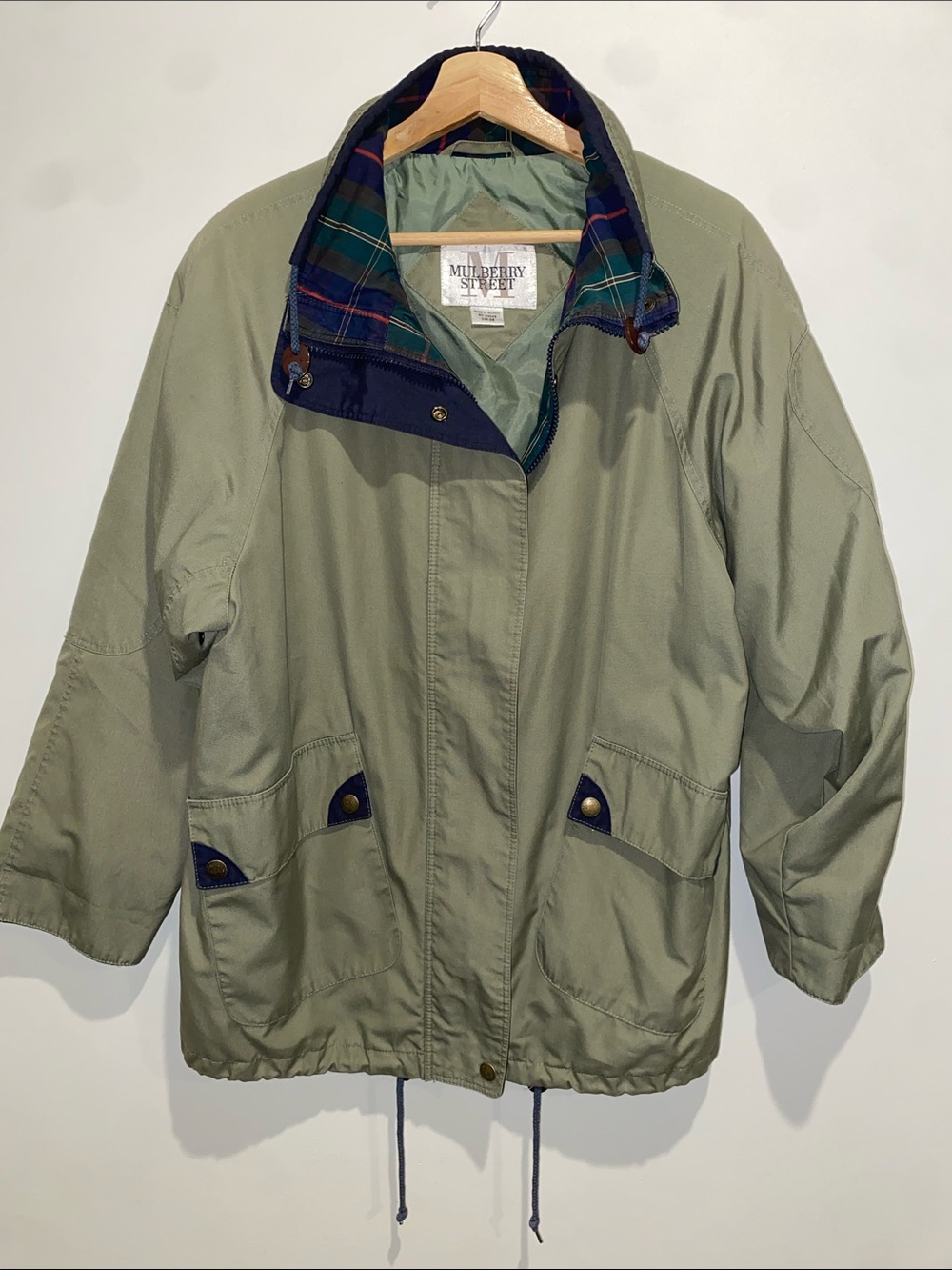 Mulberry Street Olive Green Parka with Plaid Lining Size M